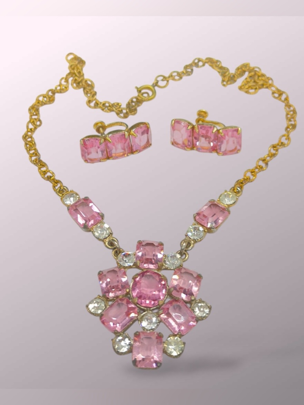 Vintage Art Deco Rose Pink & Clear Rhinestone Necklace & Screw Back Earrings
